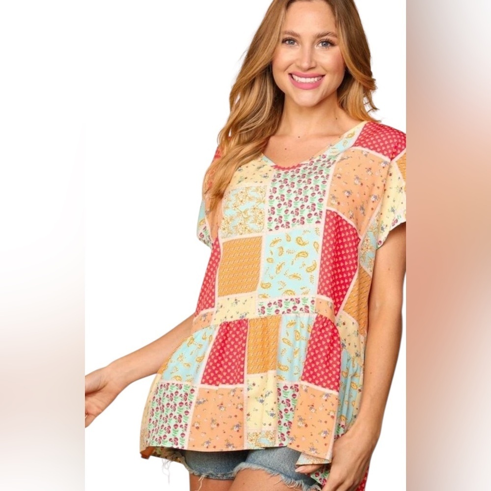 Haptics Patchwork Babydoll Top Small Boho Colorful Floral Tiered Peplum Blouse